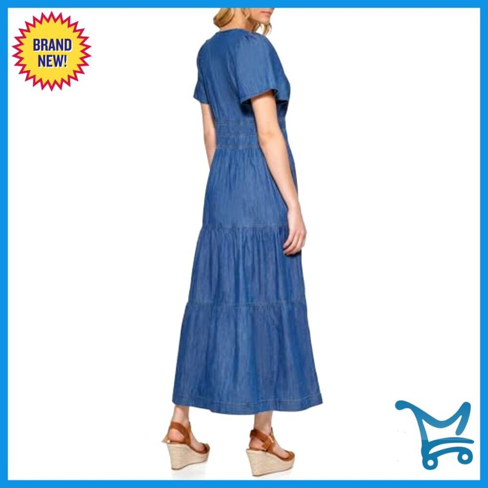 Short Sleeve V-Neck Tiered Midi Dress Chambray Fabric - Picture 3 of 4